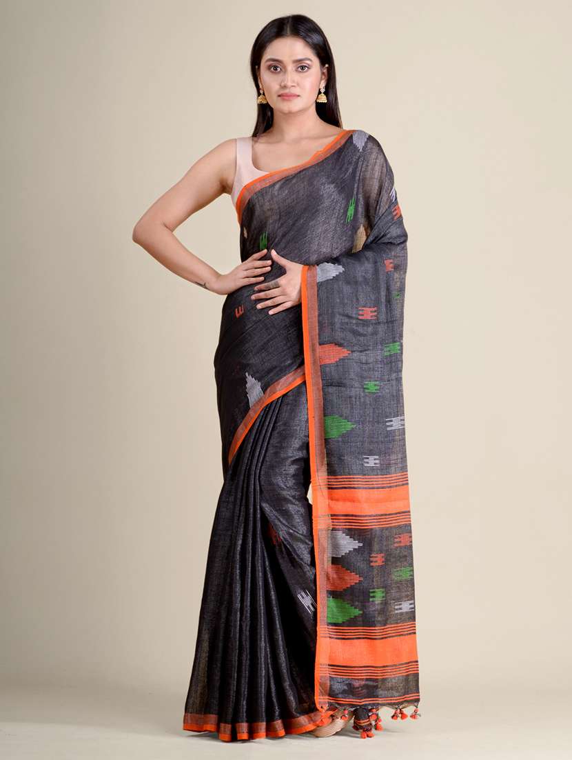 women's self design charcoal colored saree with blouse