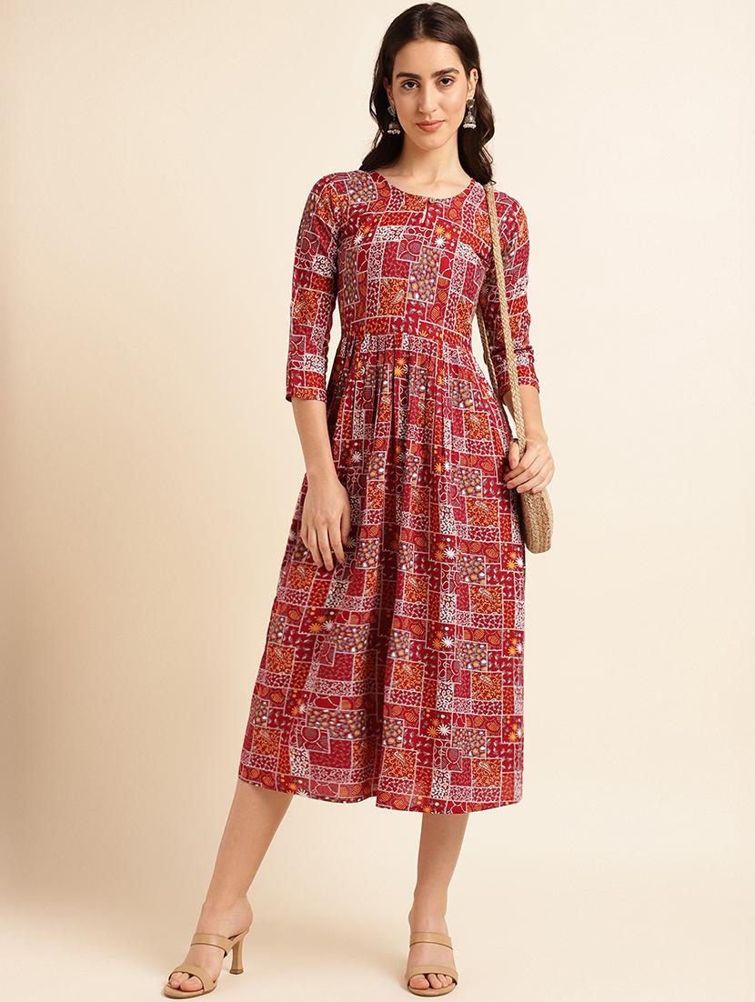 red printed a-line ethnic dress - 20129110 - Standard Image - 2