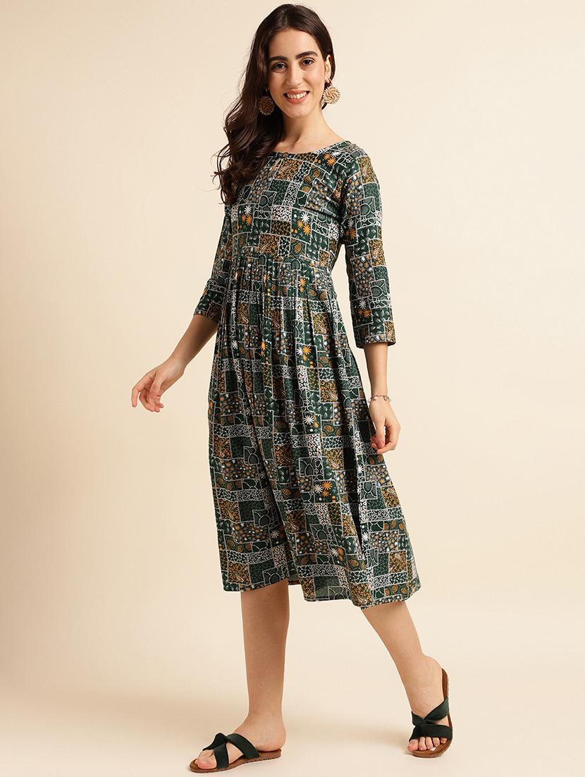 green printed a-line ethnic dress - 20129112 - Standard Image - 2