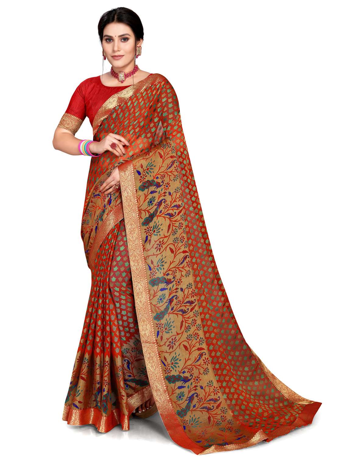 women's bordered coral colored saree with blouse