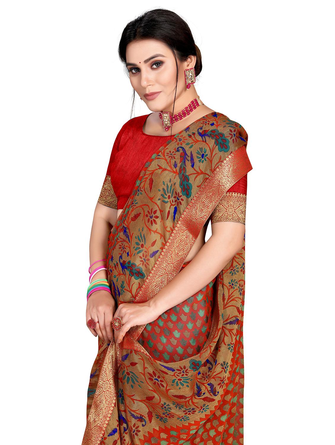 women's bordered coral colored saree with blouse - 20130556 - Standard Image - 2