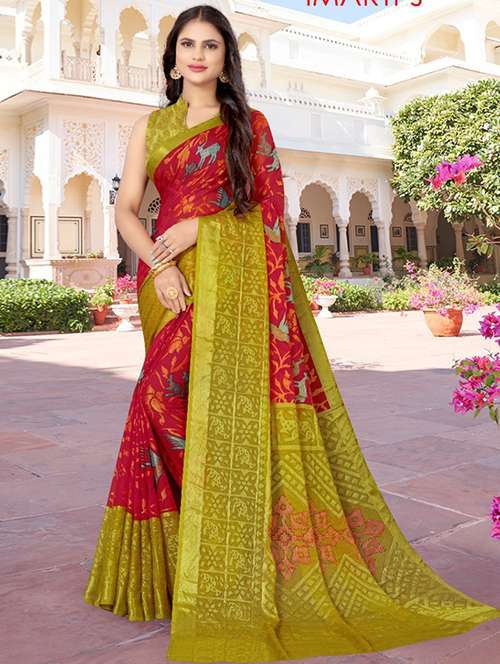 women's geometric red colored saree with blouse - 20130662 -  Standard Image - 0