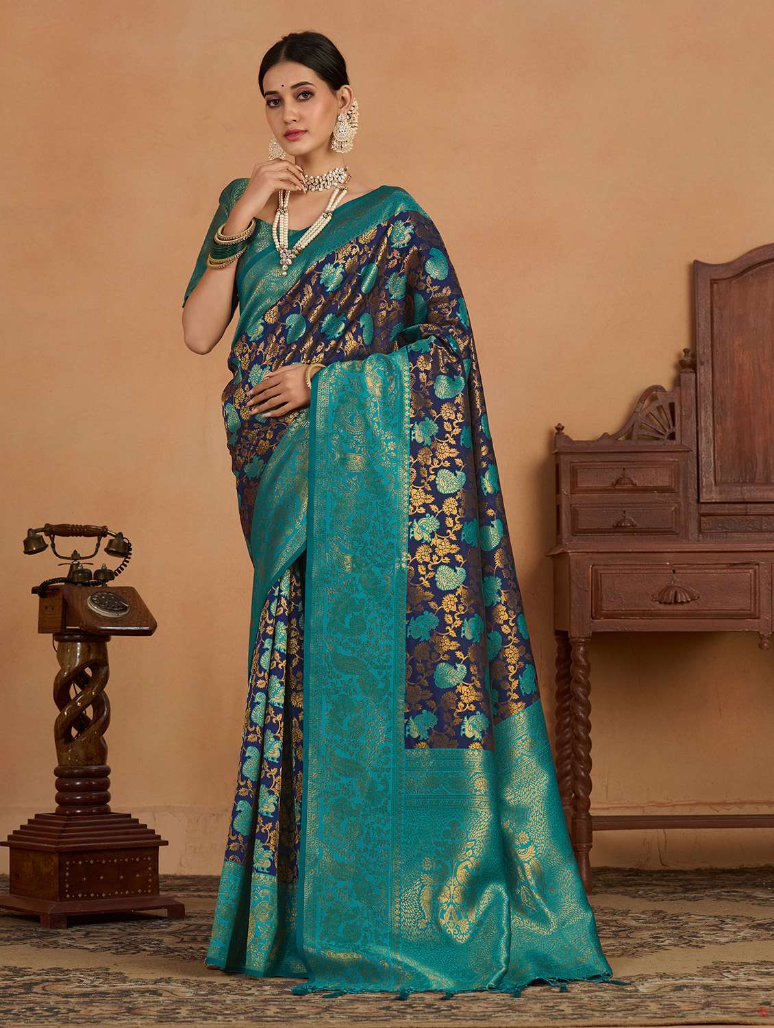 women's self design navy blue colored saree with blouse