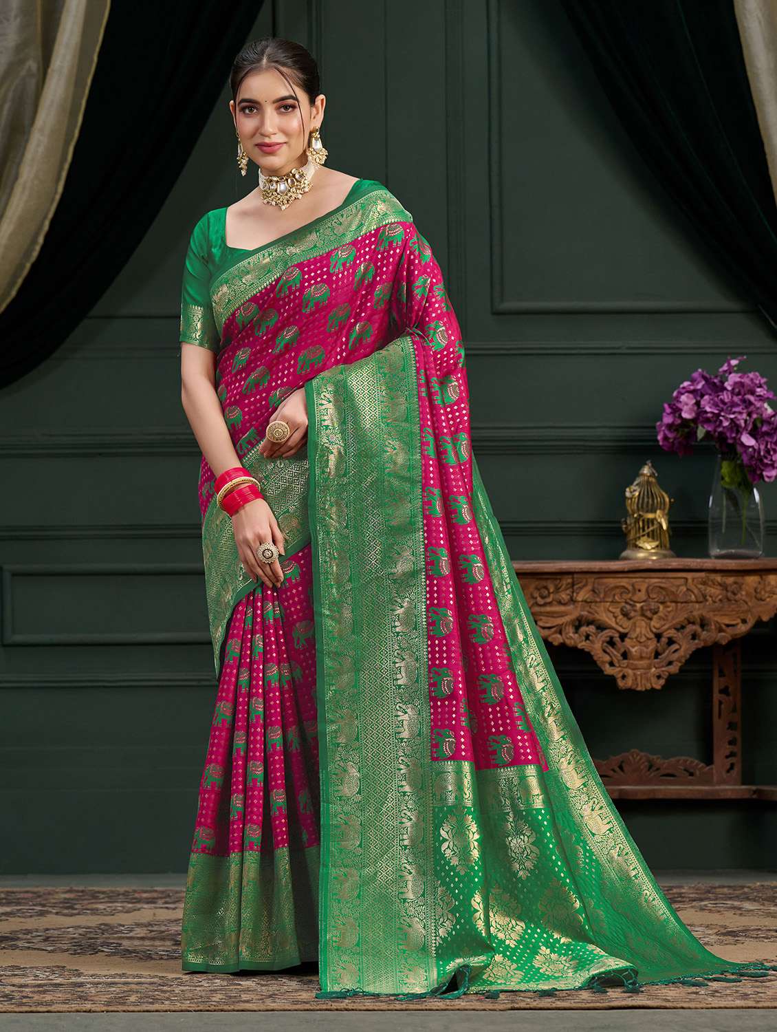 women's self design pink colored saree with blouse