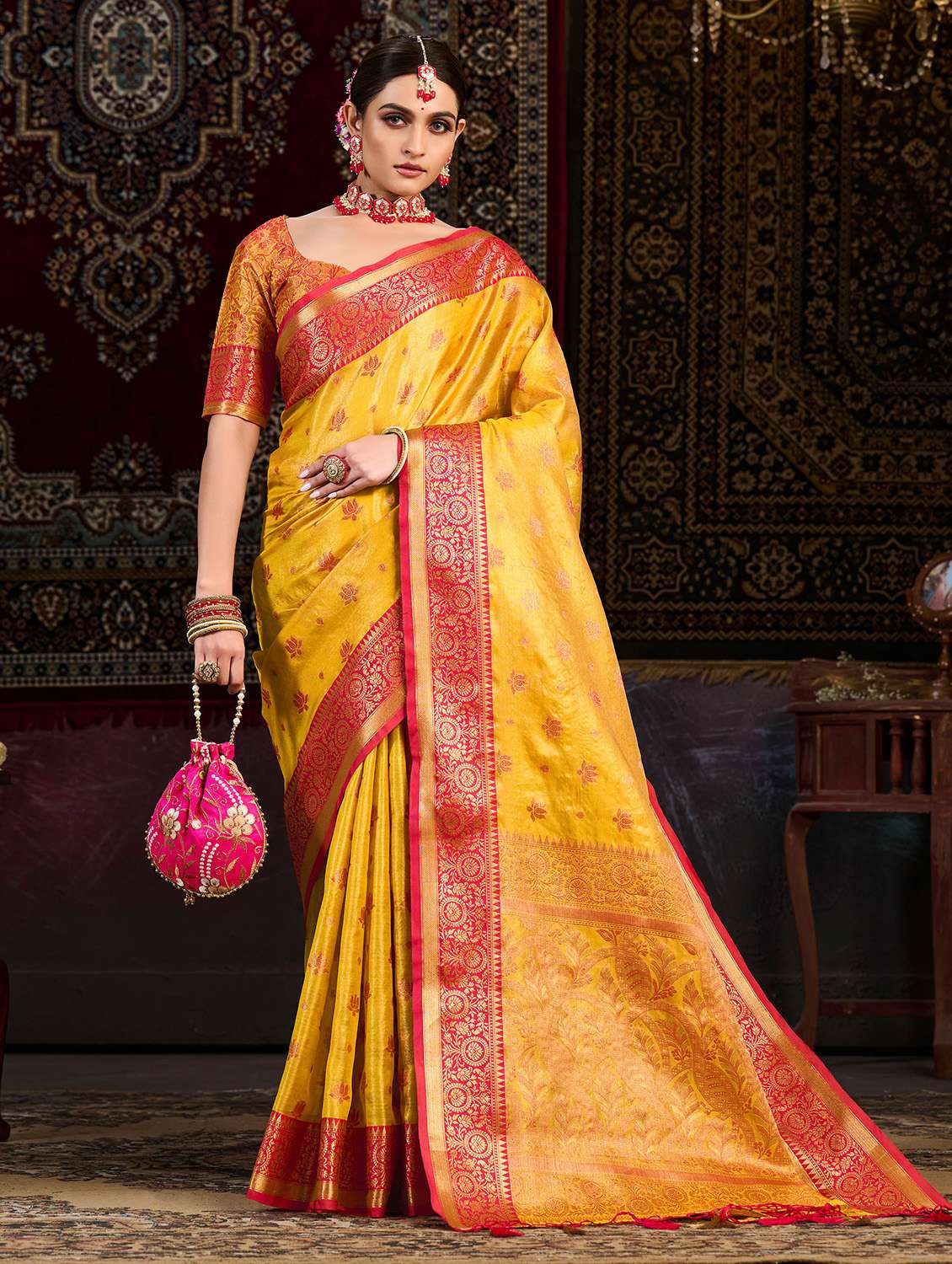 women's self design yellow colored saree with blouse