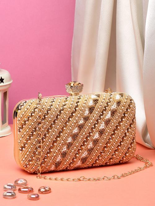 beige embellished silk box clutch - 20132448 - Standard Image - 0