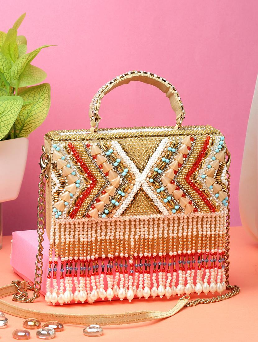 beige embellished fold over clutch - 20132449 - Zoom Image - 0