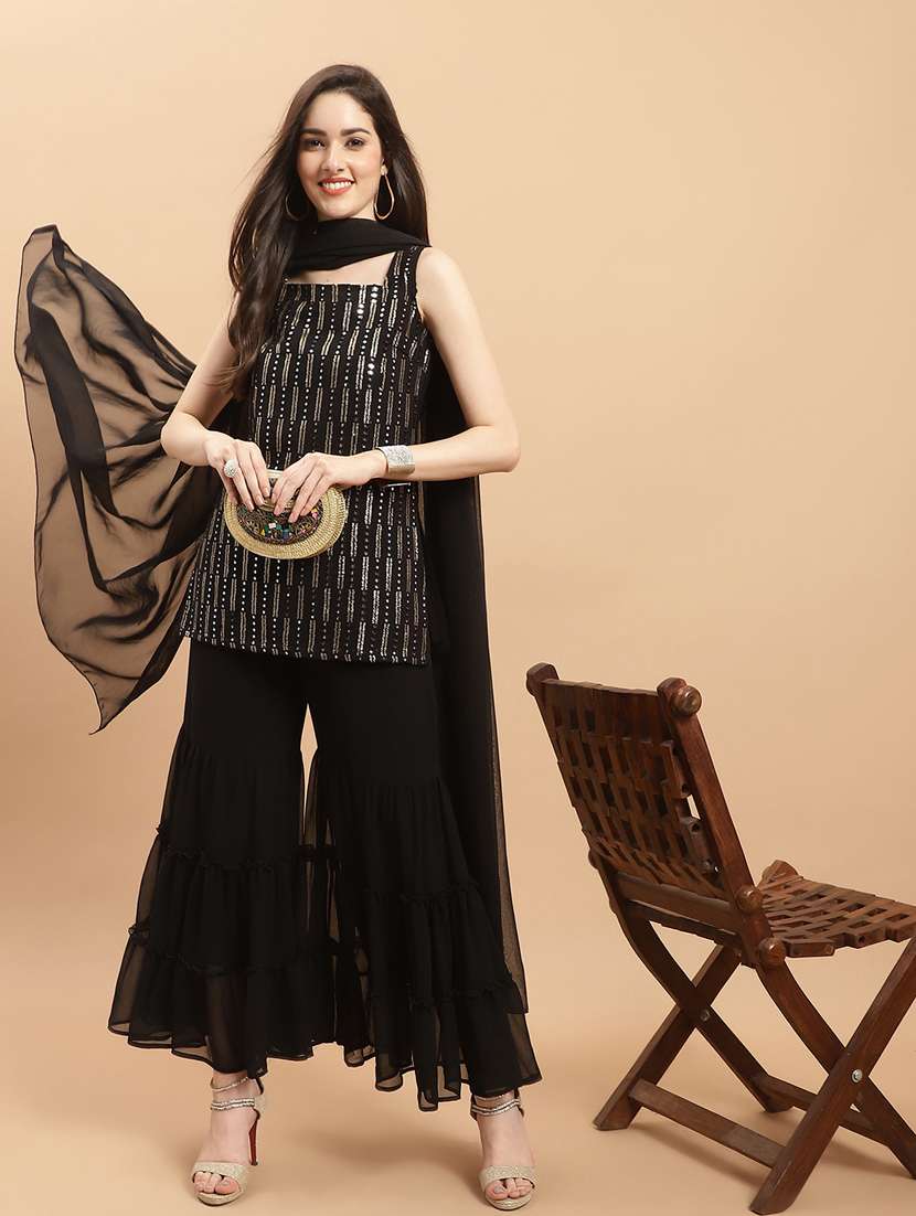 black kurta sharara set with dupatta - 20132593 - Zoom Image - 0
