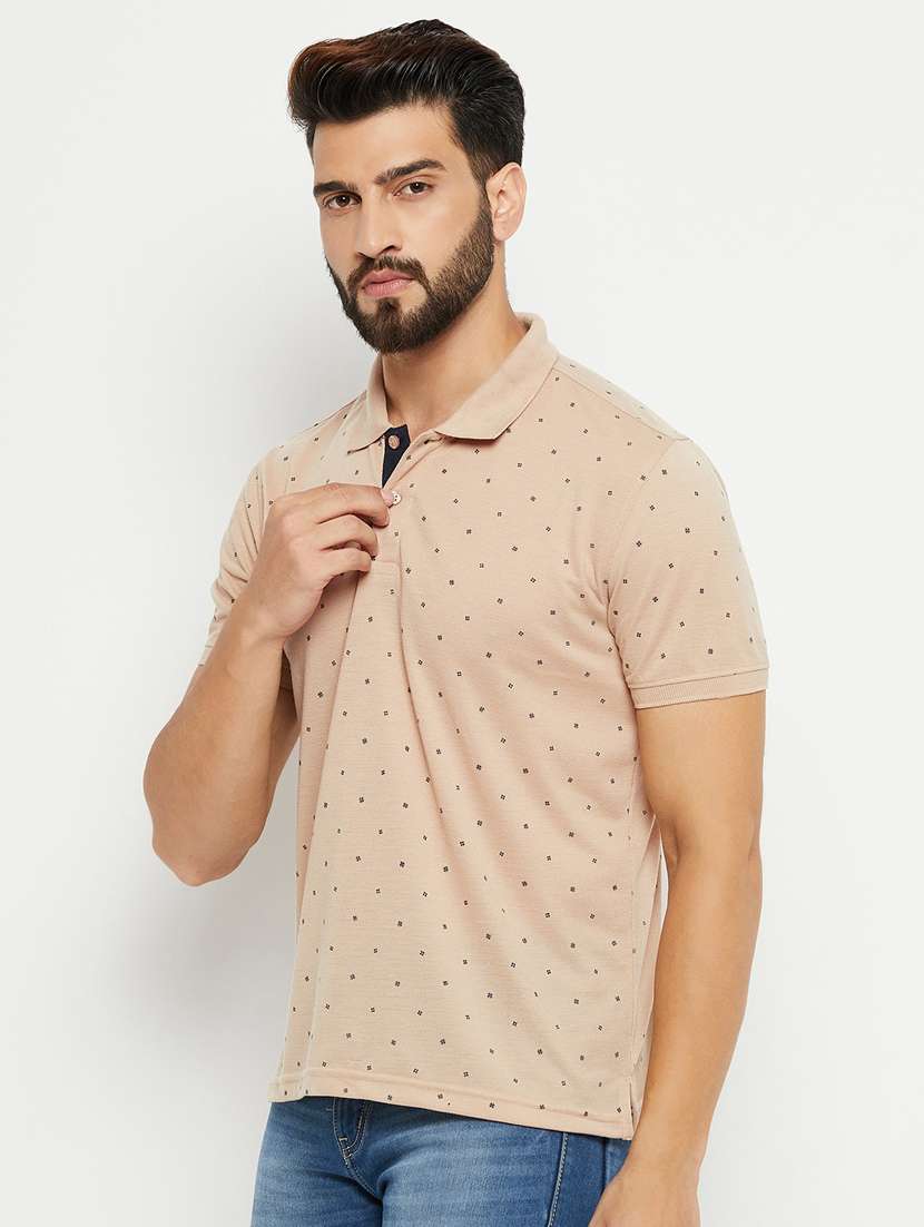 beige printed short sleeves regular fit polo t-shirt 