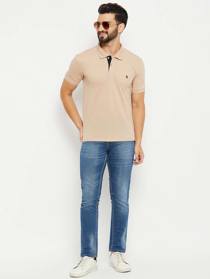 beige solid short sleeves regular fit polo t-shirt  - 20132820 -  Standard Image - 2