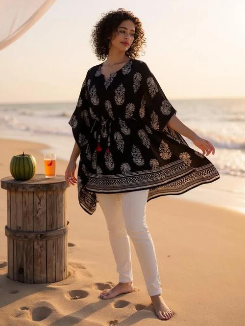 black printed notch neck kaftan  - 20132853 -  Standard Image - 0