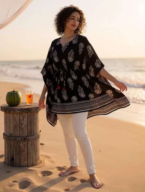 black printed notch neck kaftan 