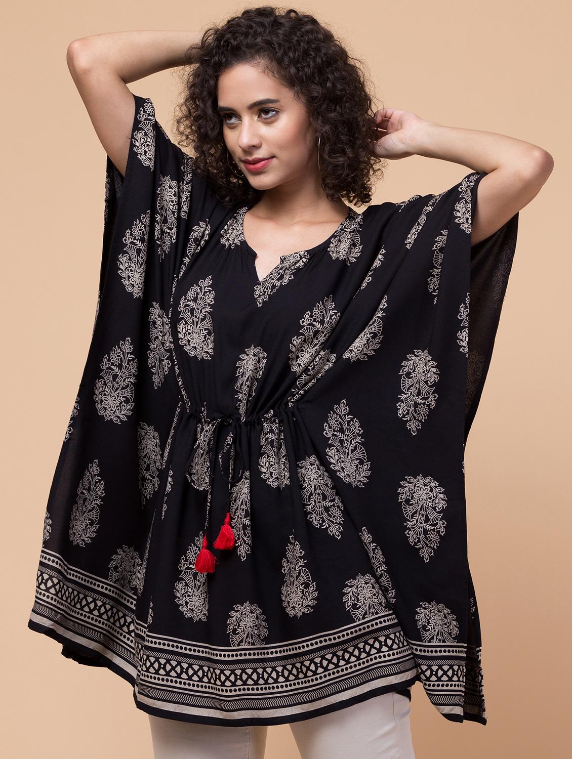 black printed notch neck kaftan - 20132853 - Standard Image - 2
