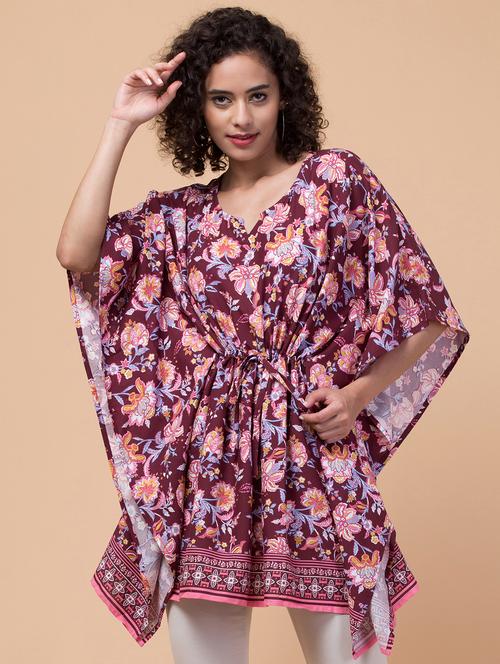 maroon printed notch neck kaftan - 20132854 - Standard Image - 0