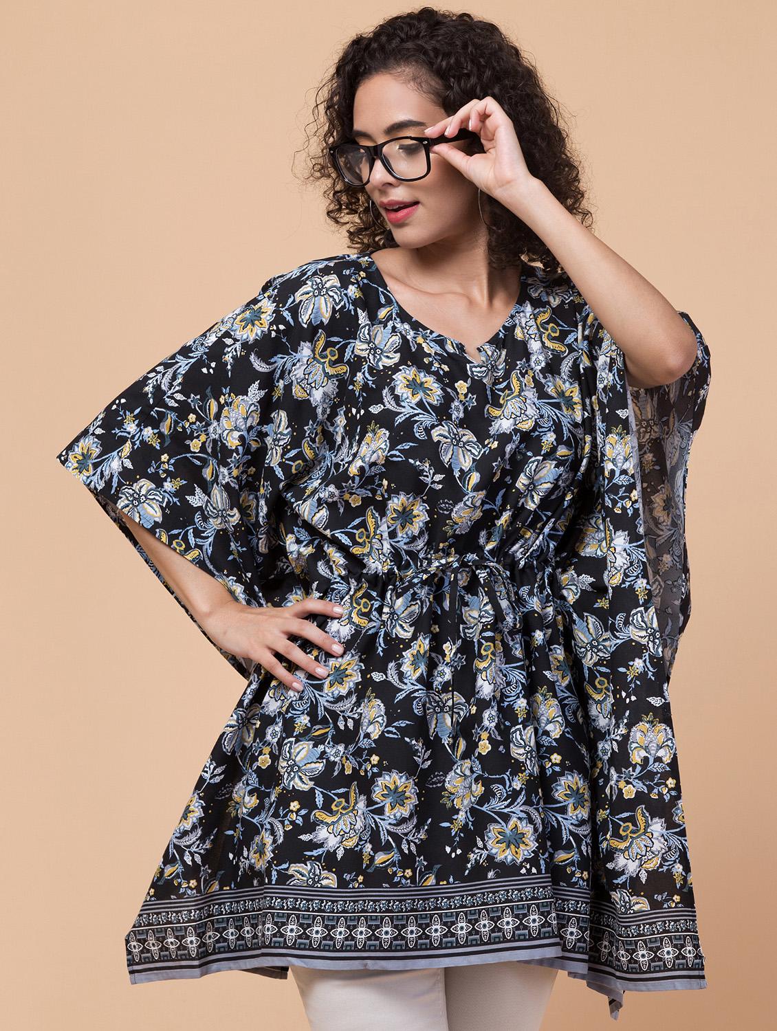 black printed notch neck kaftan - 20132855 - Standard Image - 2