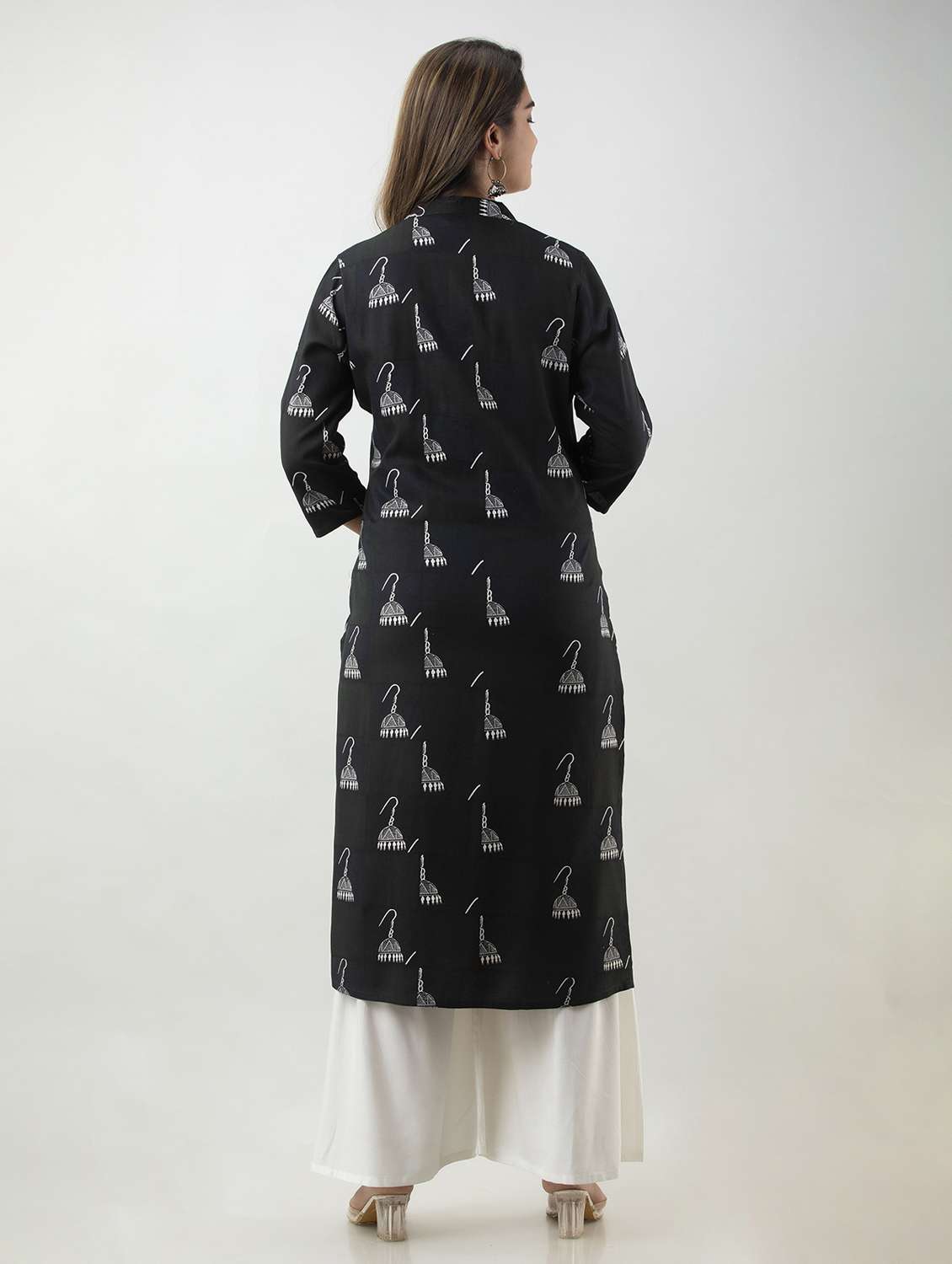 black printed three quarter sleeve kurta sharara set - 20132909 - Standard Image - 2