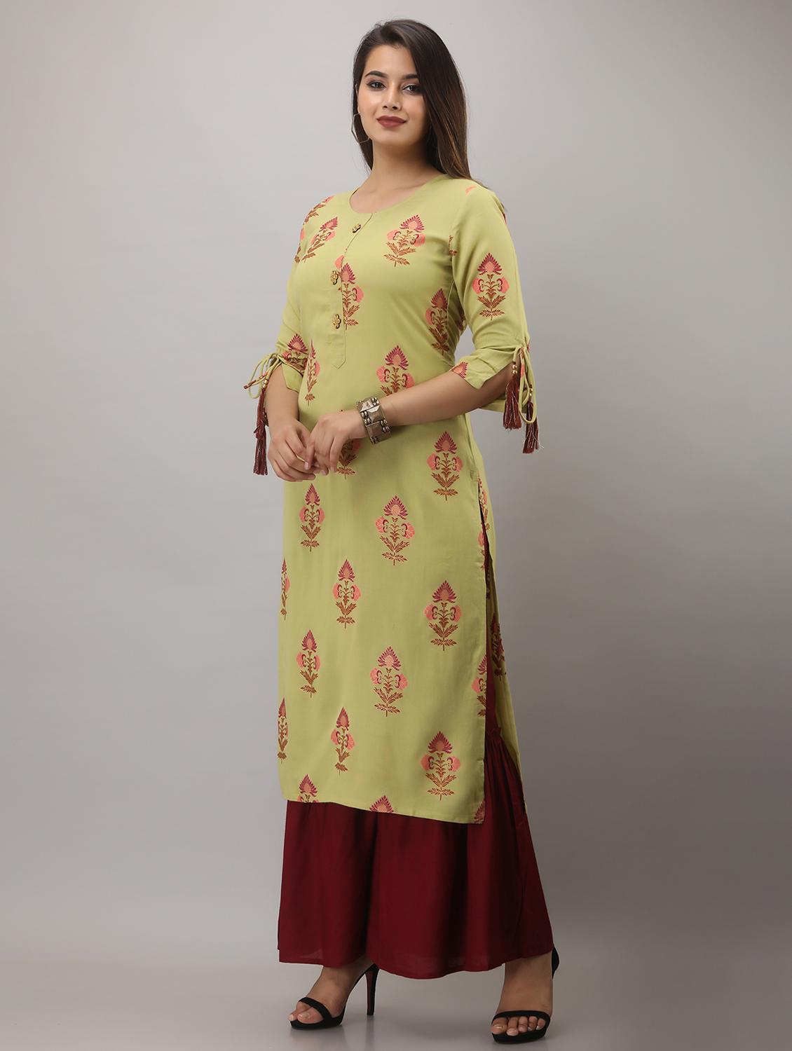 green printed three quarter sleeve kurta sharara set - 20132917 - Standard Image - 2