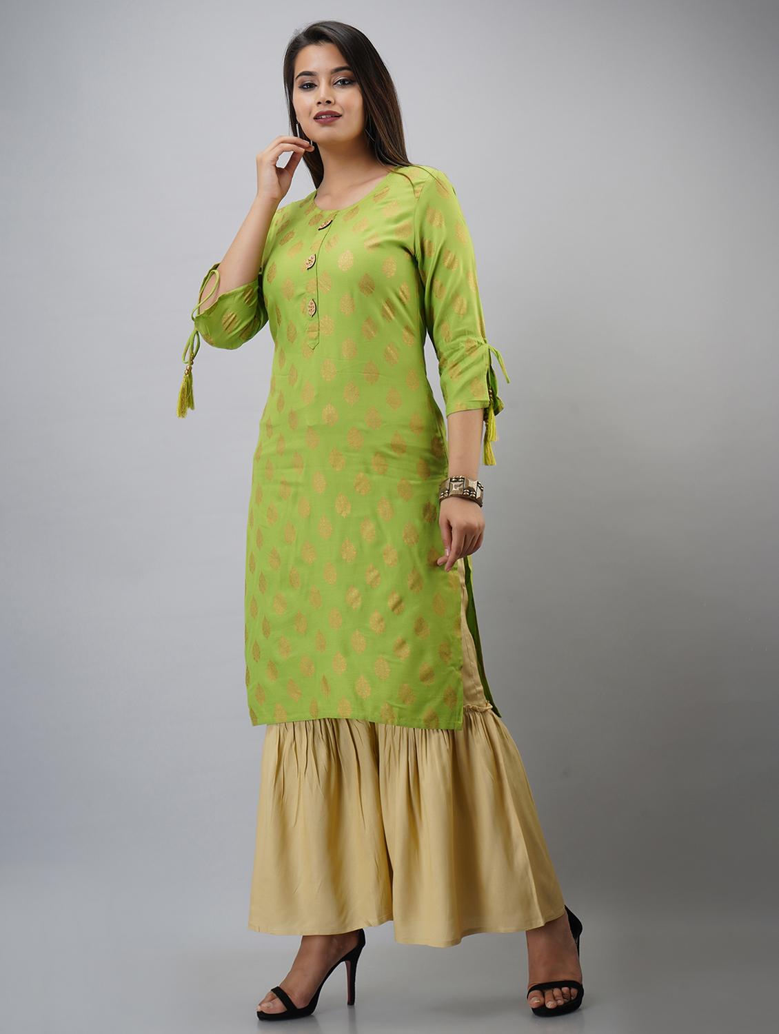 green printed three quarter sleeve kurta sharara set - 20132921 - Standard Image - 2