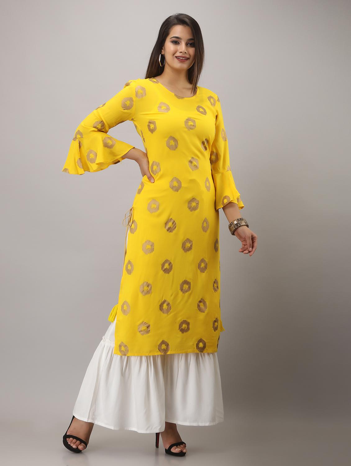 yellow printed three quarter sleeve kurta sharara set - 20132930 - Standard Image - 2