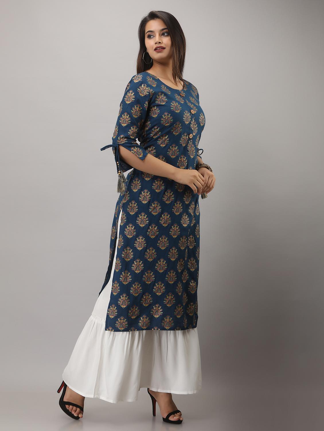 blue printed three quarter sleeve kurta sharara set - 20132933 - Standard Image - 2