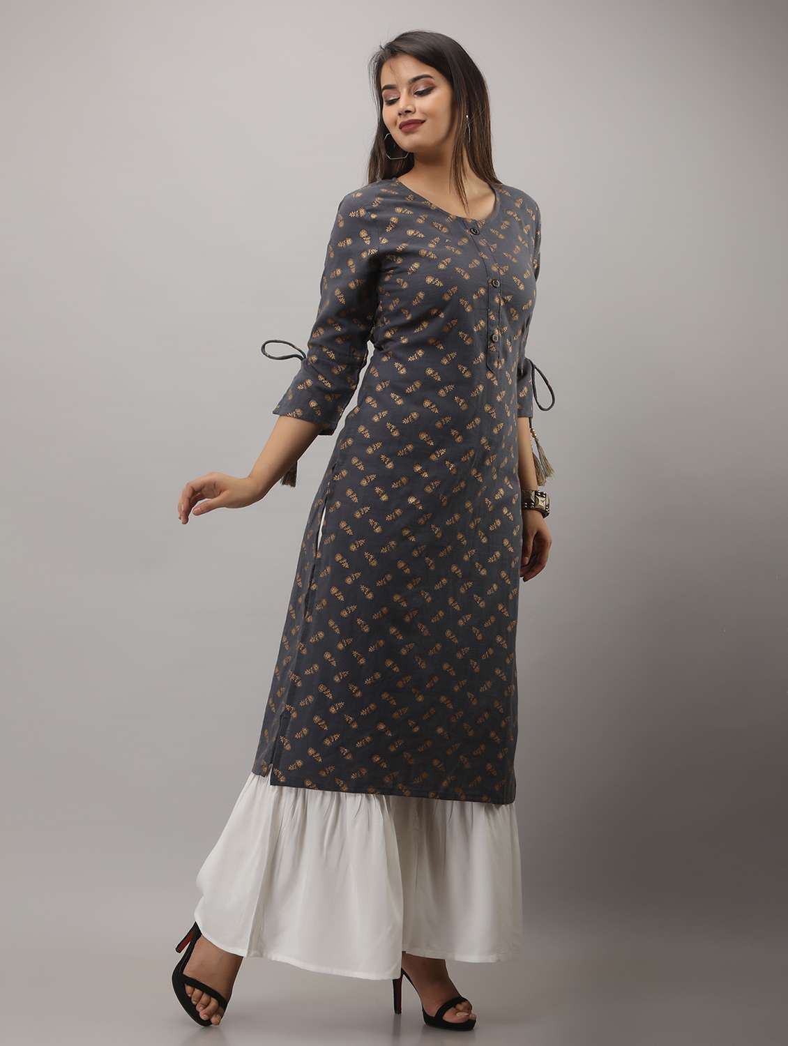 grey printed three quarter sleeve kurta sharara set - 20132934 - Standard Image - 2