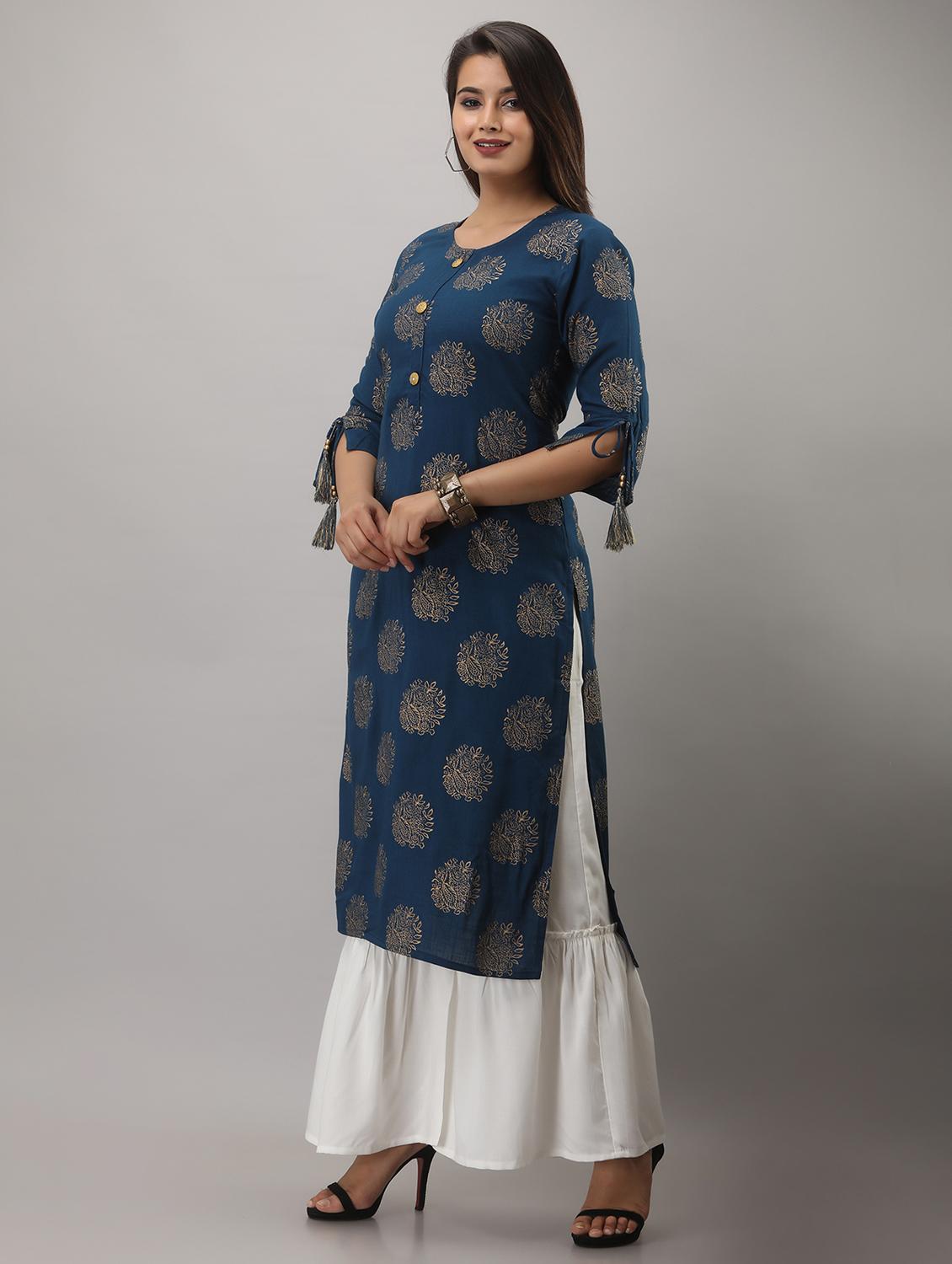 teal blue printed three quarter sleeve kurta sharara set - 20132940 - Standard Image - 2