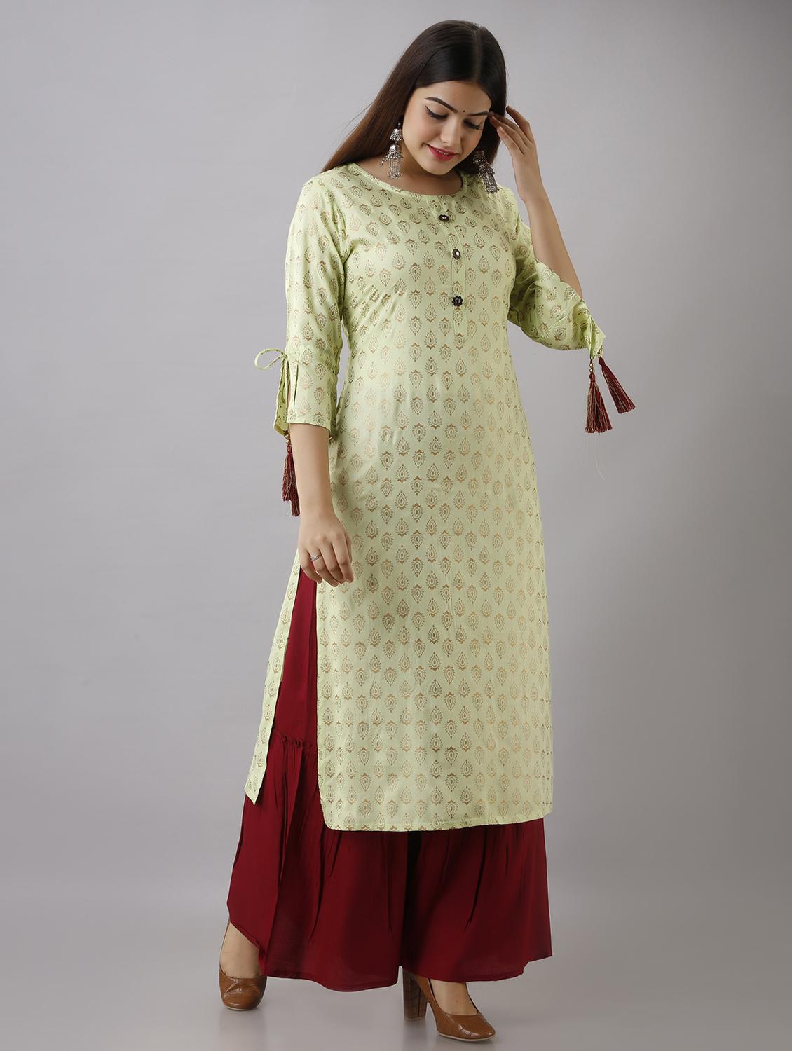 green printed three quarter sleeve kurta sharara set - 20132941 - Standard Image - 2
