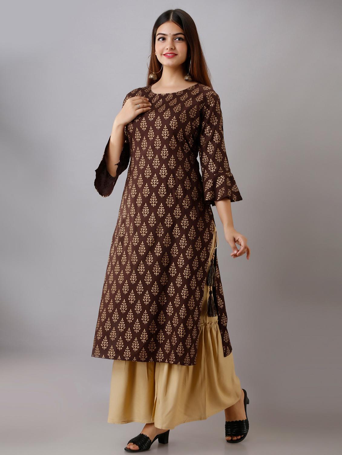 brown printed three quarter sleeve kurta sharara set - 20132945 - Standard Image - 2