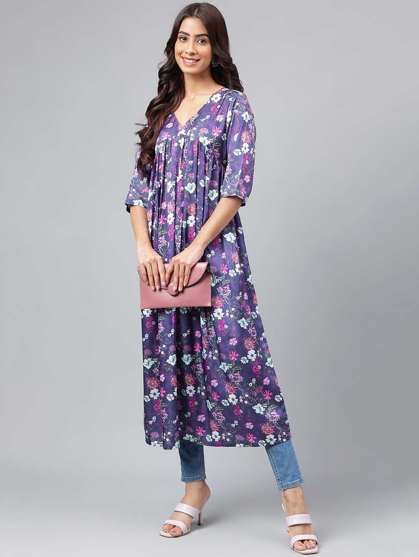 women floral printed satin flared kurta - 20133057 -  Standard Image - 2