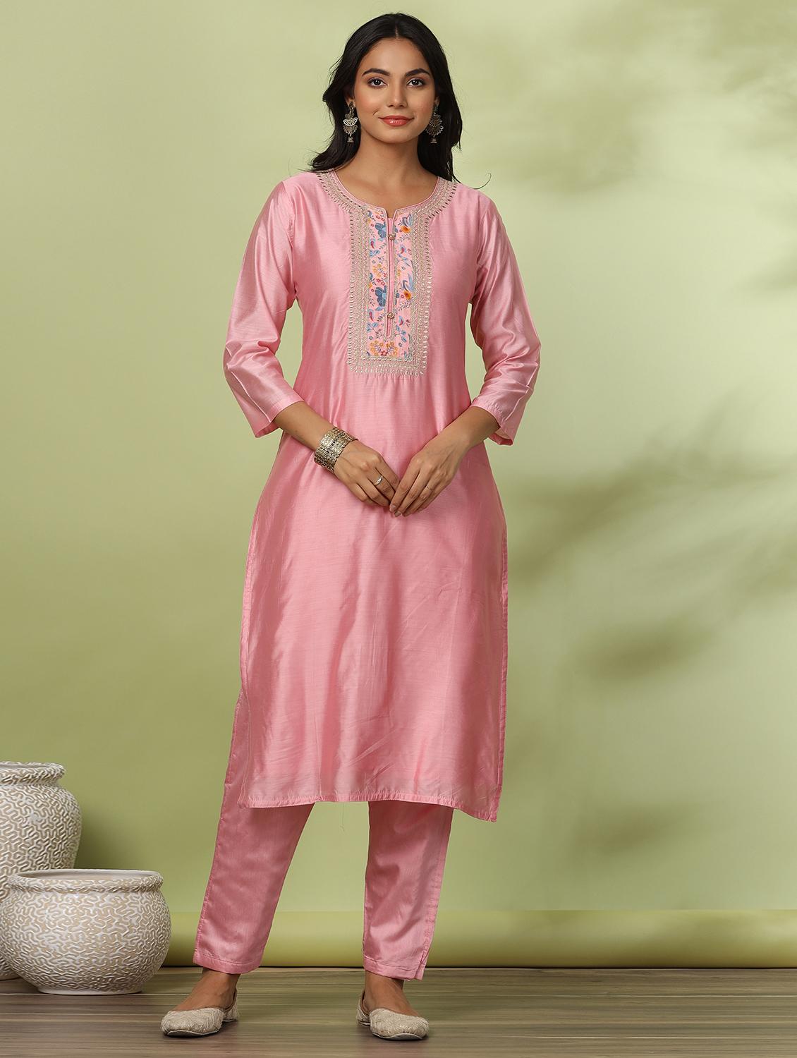 pink embroidered three quarter sleeve suit set - 20133257 - Standard Image - 2