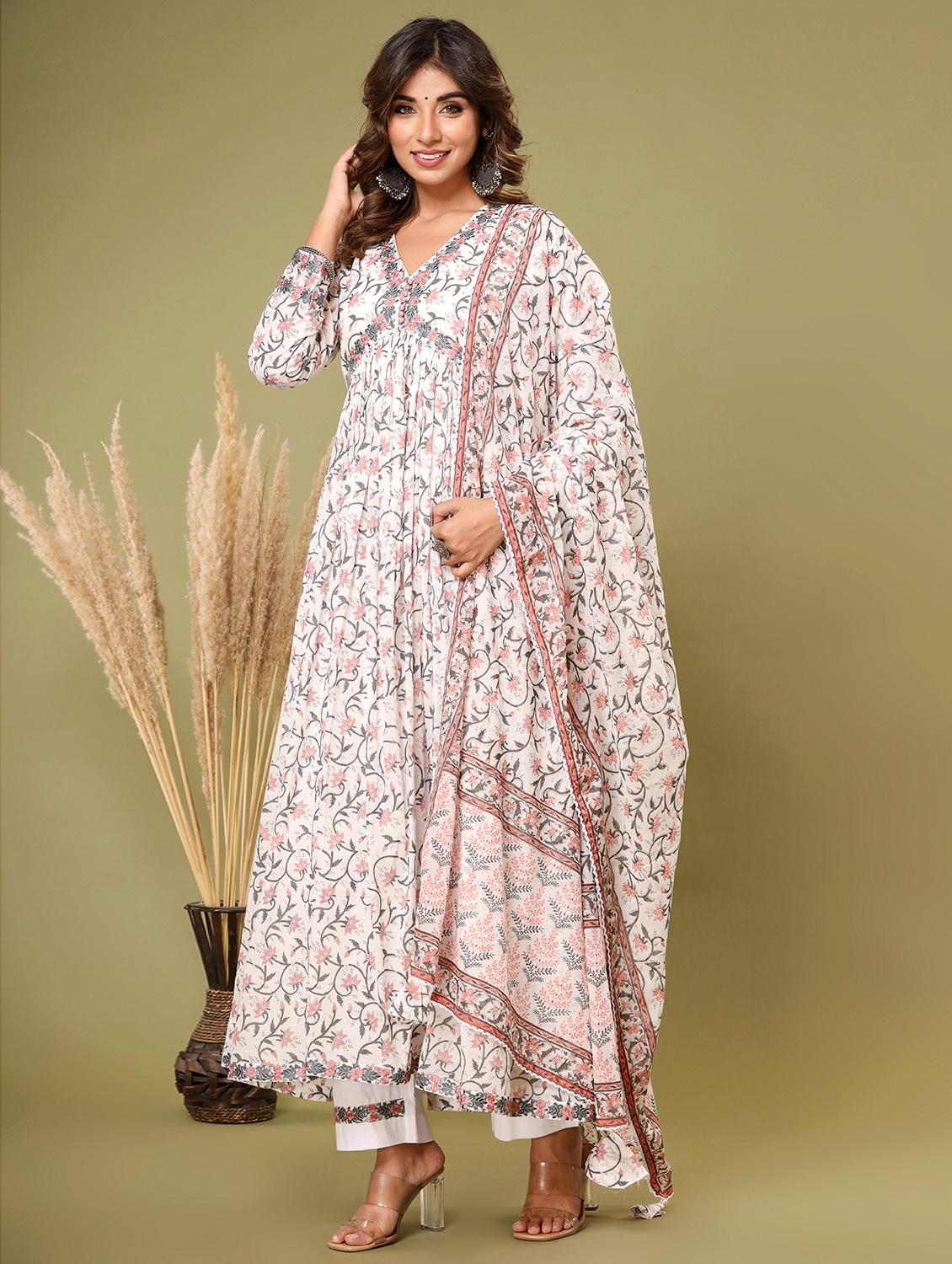 peach embroidered three quarter sleeve suit set - 20133259 - Standard Image - 2