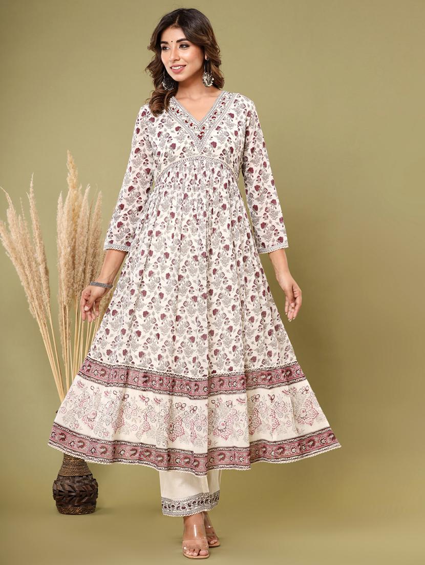 burgundy embroidered three quarter sleeve suit set - 20133260 - Standard Image - 2