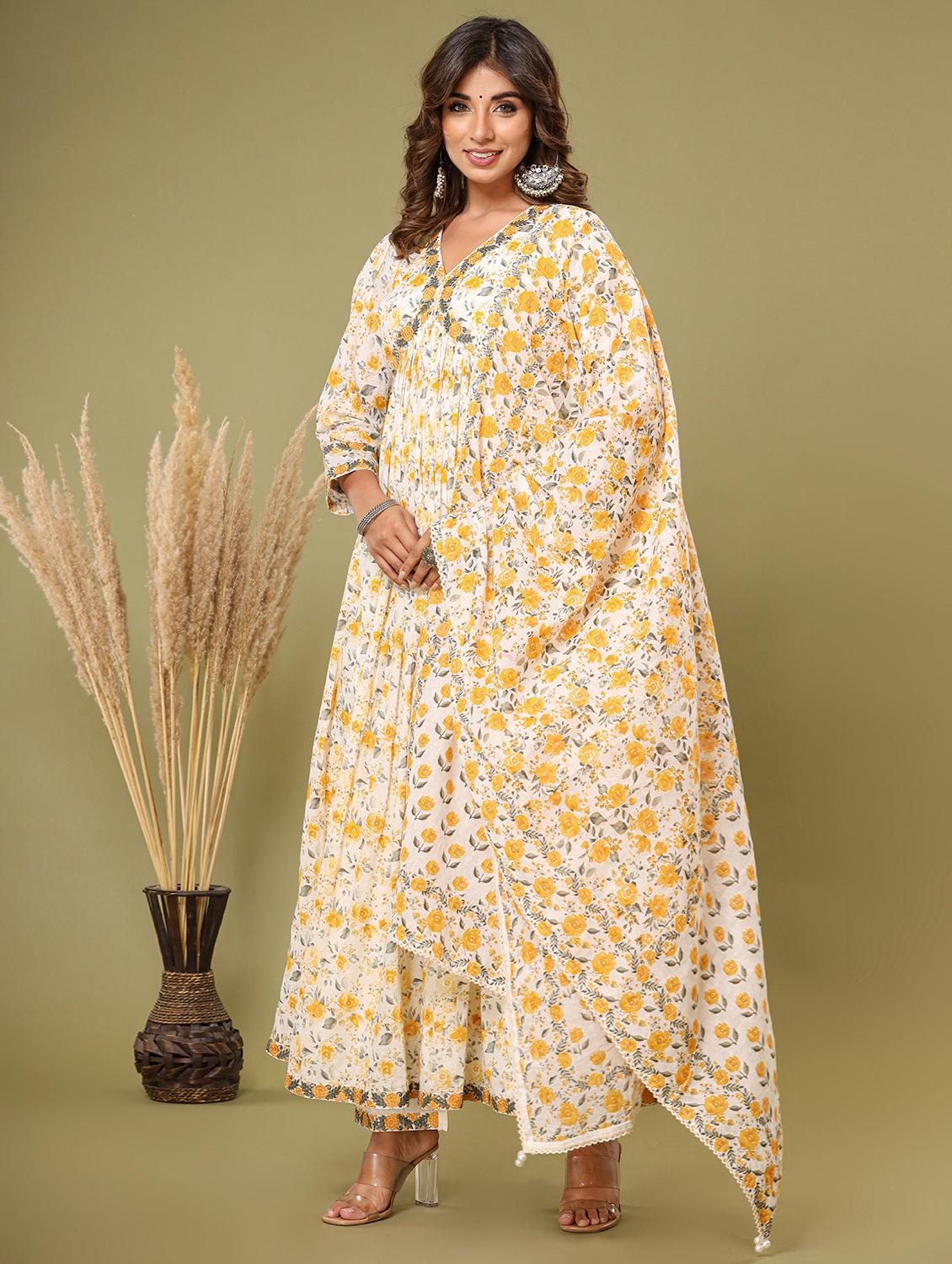 yellow embroidered three quarter sleeve suit set - 20133261 - Standard Image - 2