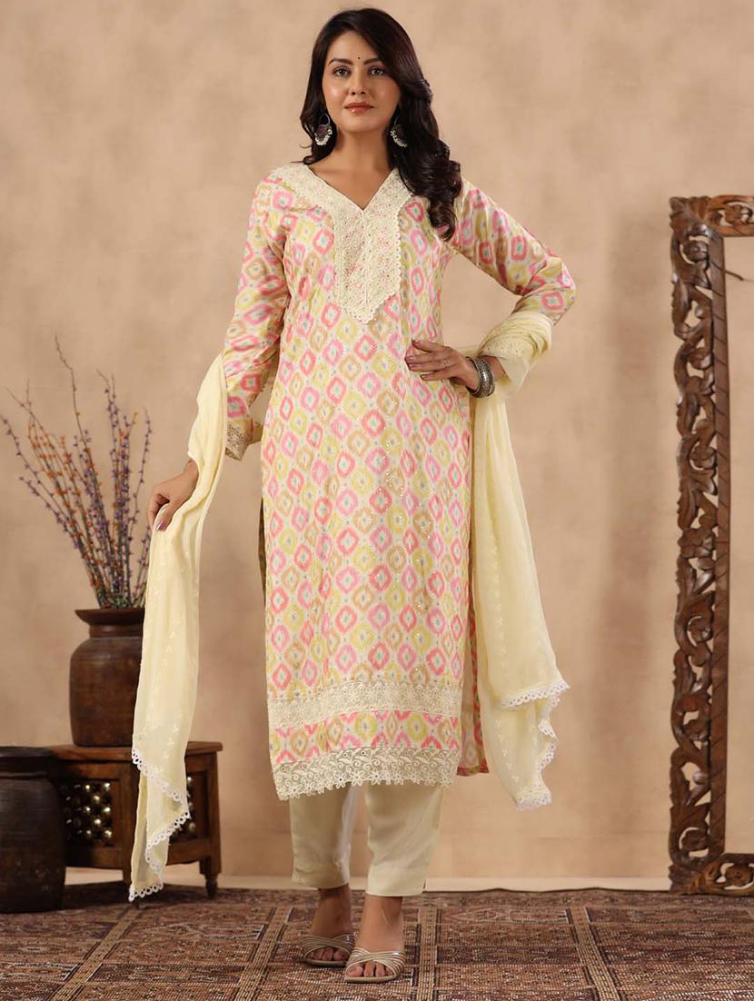 cream printed three quarter sleeve suit set - 20133264 - Standard Image - 2