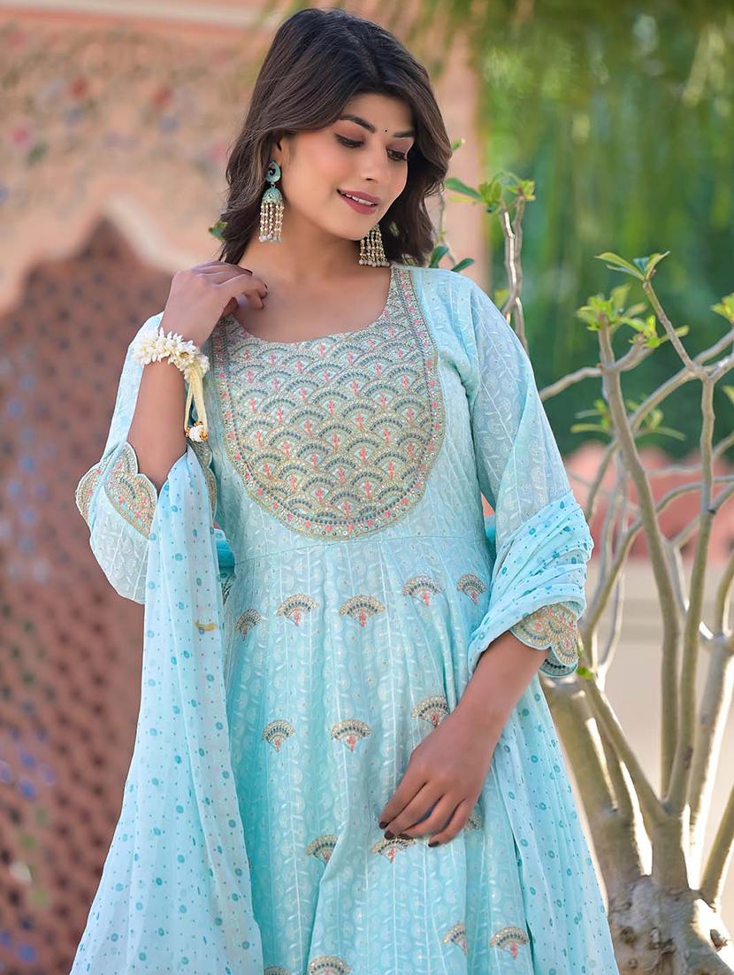 blue printed three quarter sleeve suit set - 20133267 - Standard Image - 2