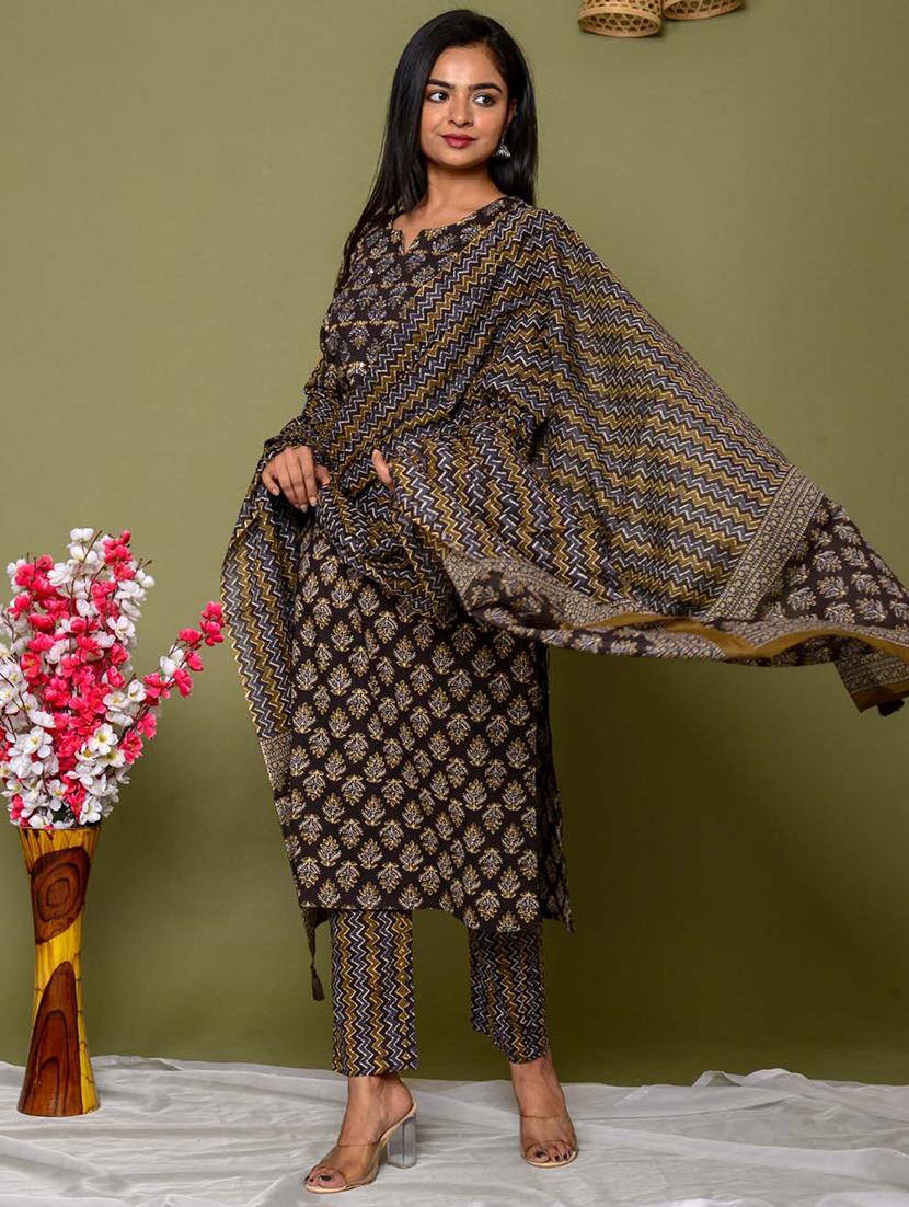 brown printed three quarter sleeve suit set - 20133272 - Standard Image - 2