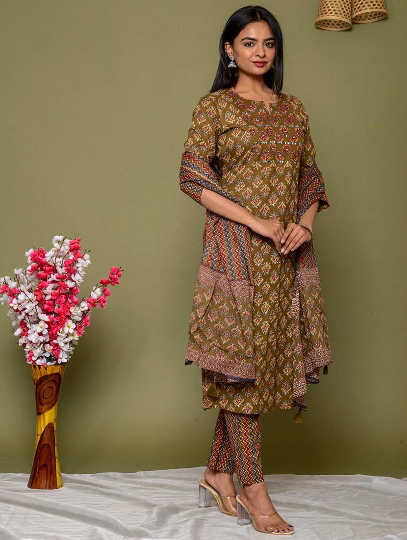 green printed three quarter sleeve suit set - 20133273 - Standard Image - 2