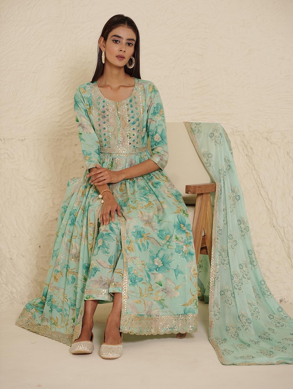 blue printed with embroidery work suit set - 20133282 - Standard Image - 2