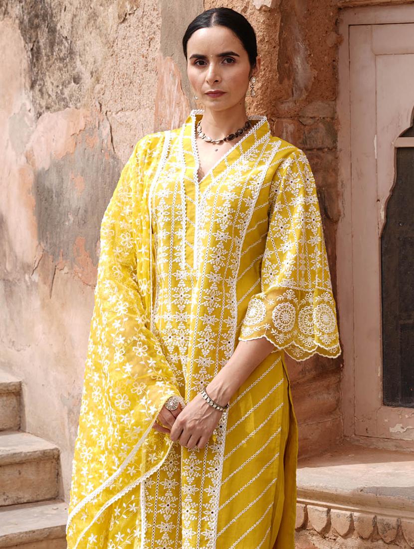 yellow three quater sleeves embroidered suit set - 20133305 - Standard Image - 2