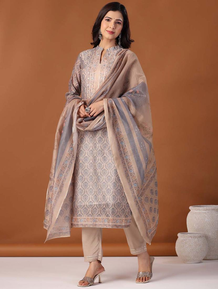 beige three quater sleeves printed suit set - 20133309 - Standard Image - 2