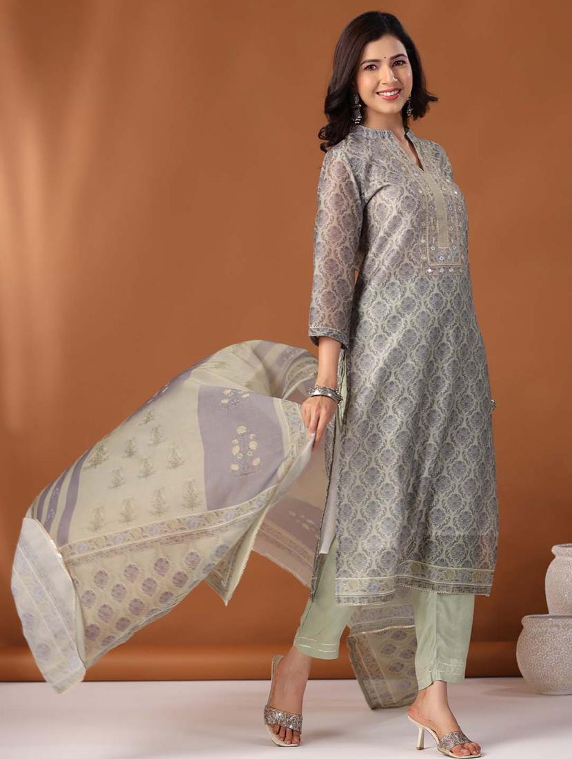 green three quater sleeves printed suit set - 20133310 - Standard Image - 2