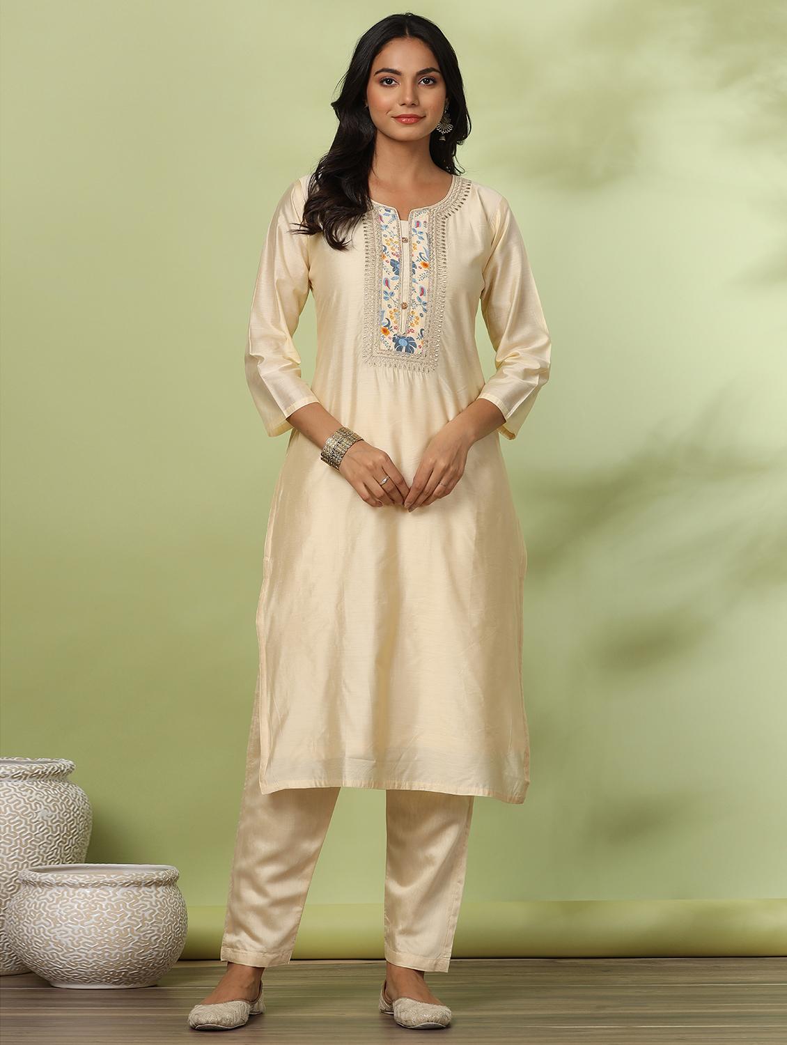 beige three quater sleeves solid suit set - 20133315 - Standard Image - 2