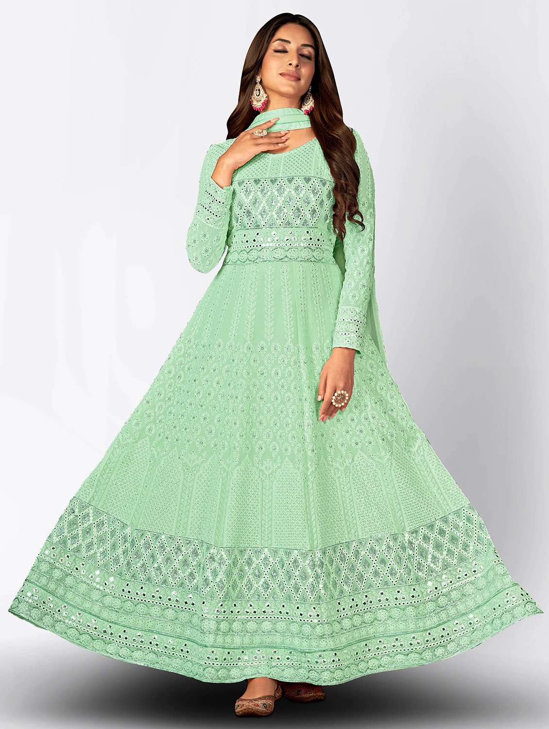 green embroidered anarkali semi-stitched suit