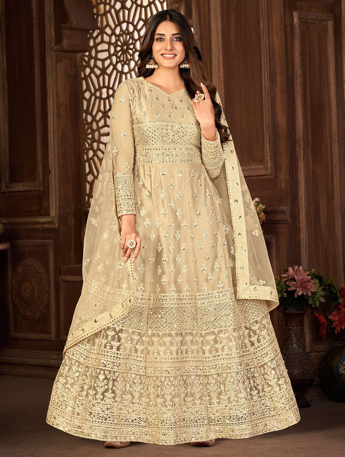 cream embroidered kurta-skirt semi-stitched suit - 20135338 - Zoom Image - 0