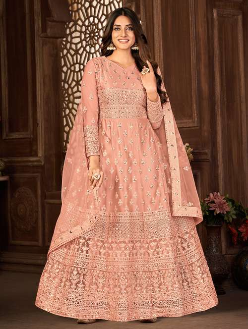 peach embroidered kurta-skirt semi-stitched suit - 20135341 - Standard Image - 0