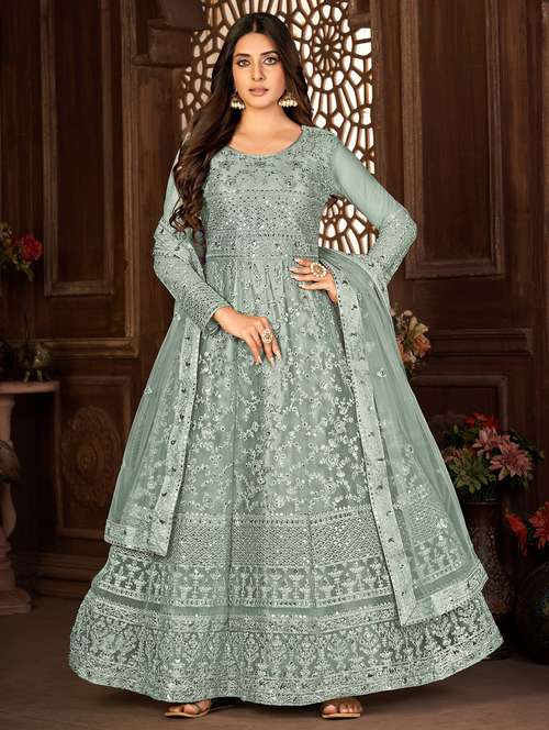 grey embroidered kurta-skirt semi-stitched suit - 20135344 - Standard Image - 0