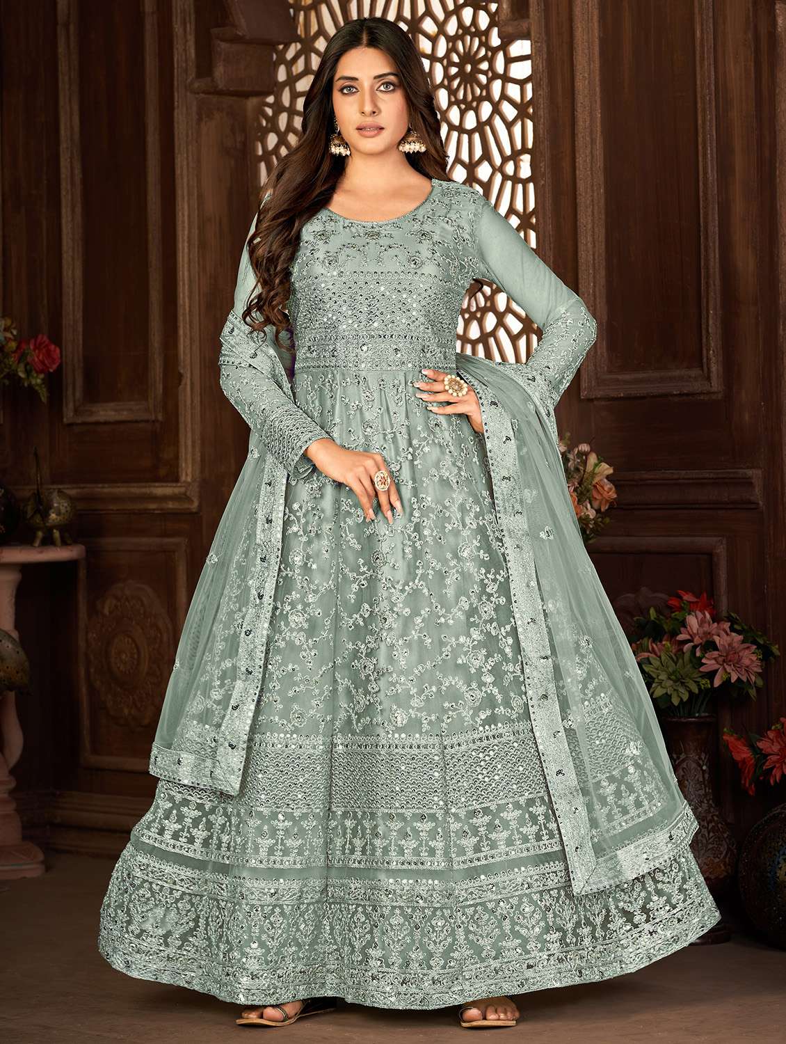 grey embroidered kurta-skirt semi-stitched suit - 20135344 - Zoom Image - 0