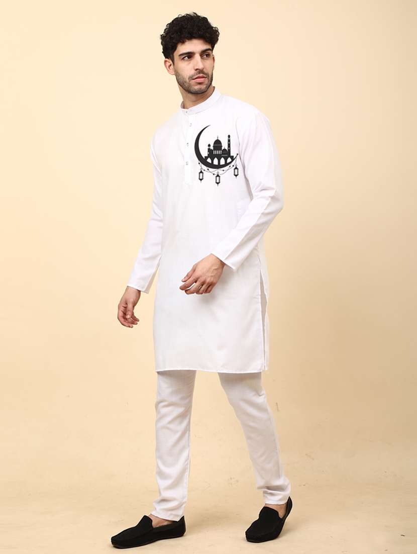 white cotton blend kurta pyjama ethnic wear set - 20135518 - Standard Image - 2