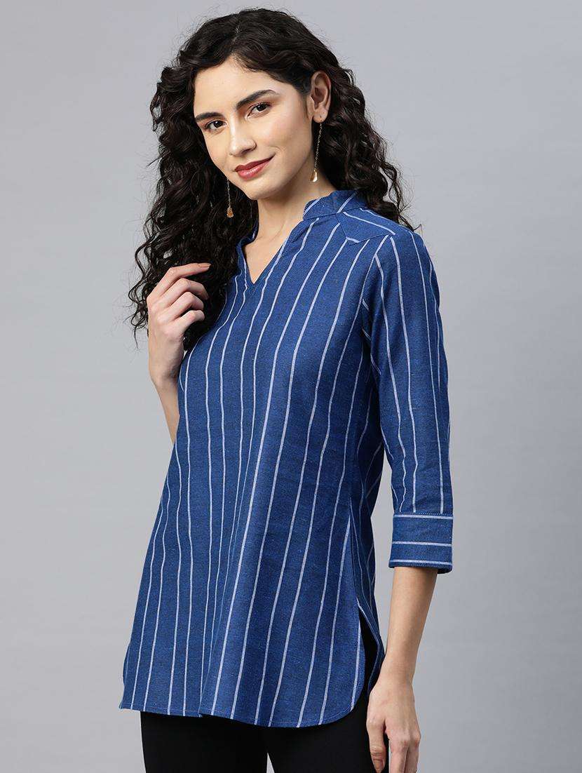 women blue striped straight kurti - 20135564 -  Standard Image - 2