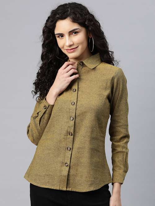 women olive solid collared long sleeve shirt - 20135570 -  Standard Image - 0